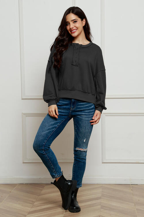 Exposed Seam Half Button Long Sleeve Sweatshirt - Body By J'ne