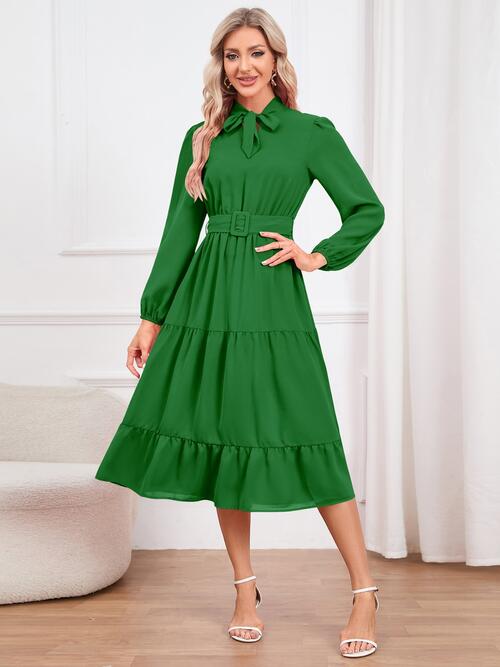 Tie Neck Long Sleeve Tiered Dress - Body By J'ne