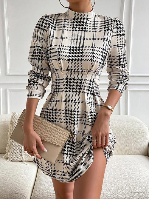 Houndstooth Mock Neck Cinched Mini Dress - Body By J'ne