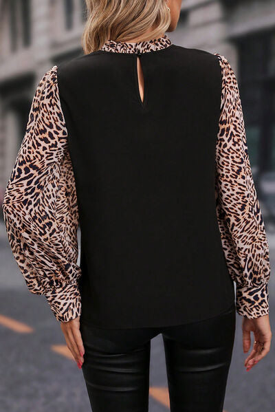 Leopard Mock Neck Lantern Sleeve Blouse - Body By J'ne