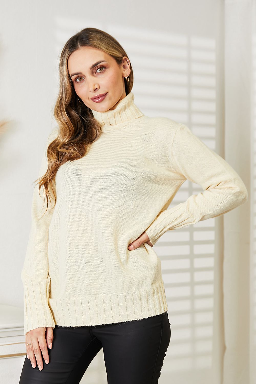 Full Size Long Sleeve Turtleneck Sweater with Side Slit - Body By J'ne