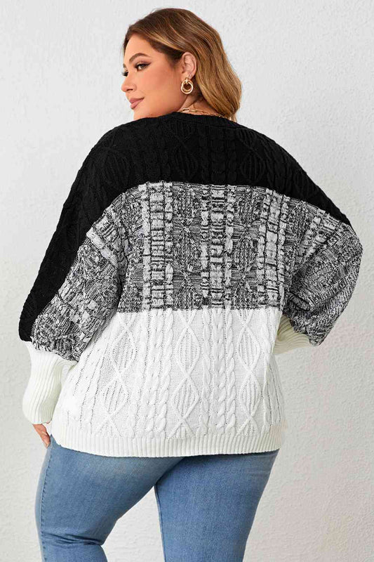 Plus Size Color Block Round Neck Cable-Knit Sweater - Body By J'ne