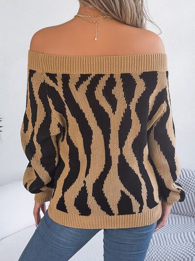 Off-Shoulder Animal Print Long Sleeve Sweater - Body By J'ne