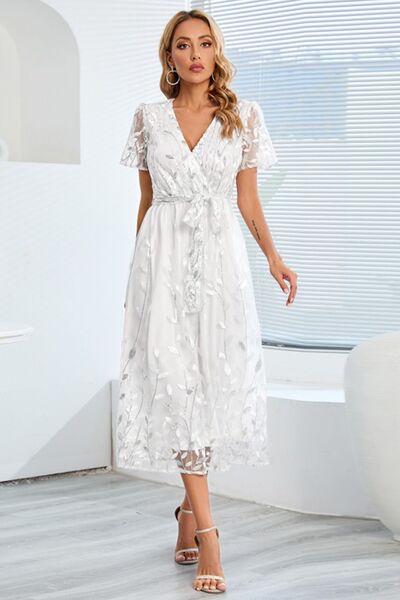 Sequin Leaf Embroidery Tie Front Short Sleeve Dress - Body By J'ne