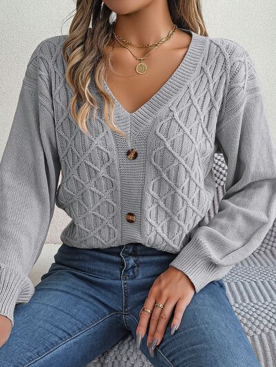 Cable-Knit V-Neck Lantern Sleeve Sweater - Body By J'ne