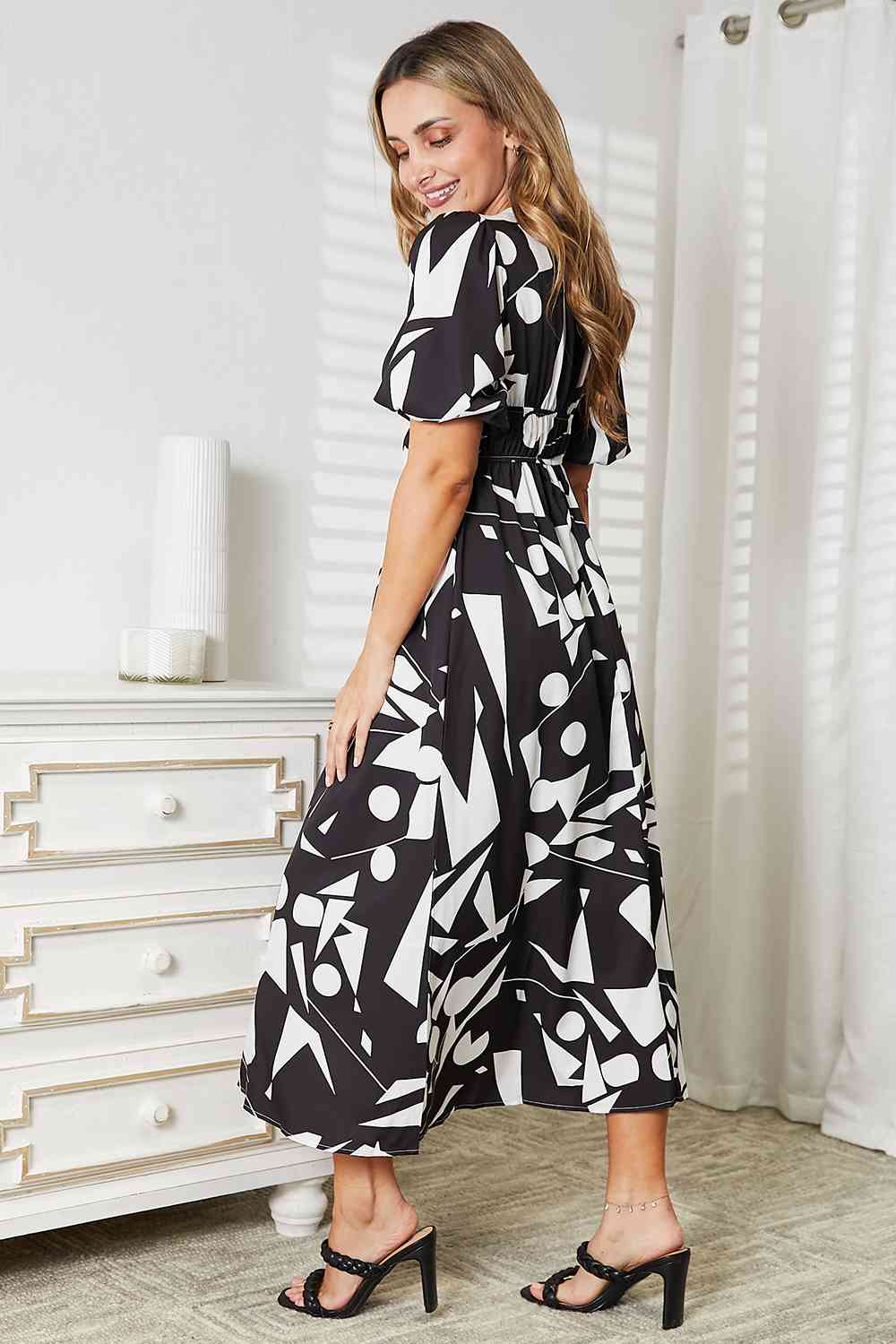 Printed Surplice Balloon Sleeve Dress - Body By J'ne