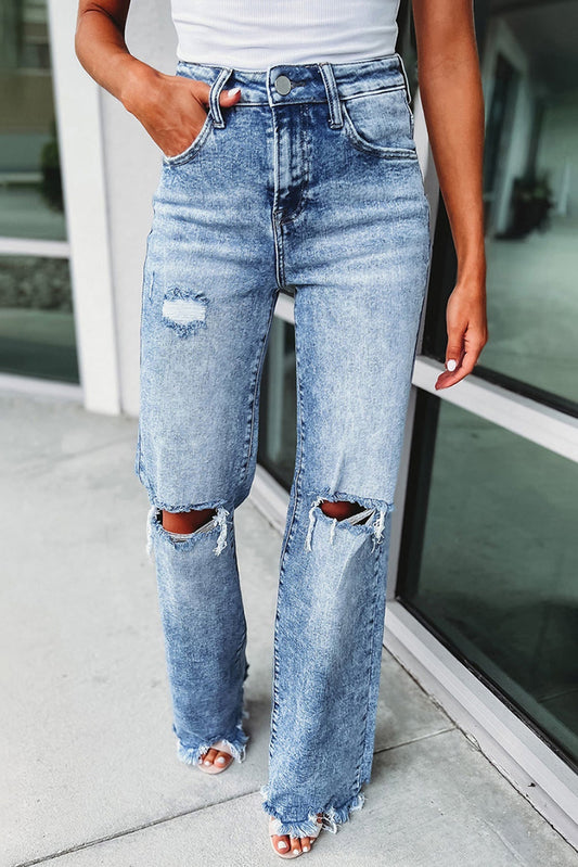 Sky Blue Washed Ripped Wide Leg High Waist Jeans - Body By J'ne