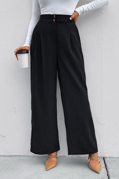 High Waist Ruched Pocketed Wide Leg Pants - Body By J'ne