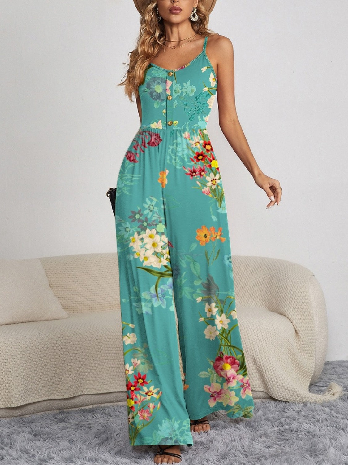 Decorative Button Spaghetti Strap Wide Leg Jumpsuit - Body By J'ne