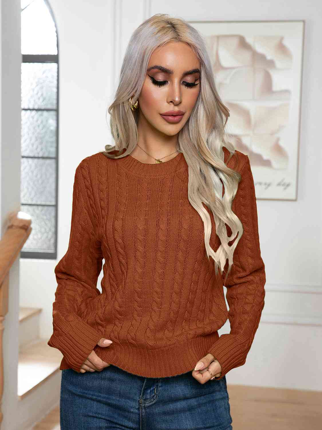 Cable-Knit Round Neck Long Sleeve Sweater - Body By J'ne
