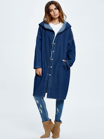 Button Up Dropped Shoulder Hooded Denim Top - Body By J'ne