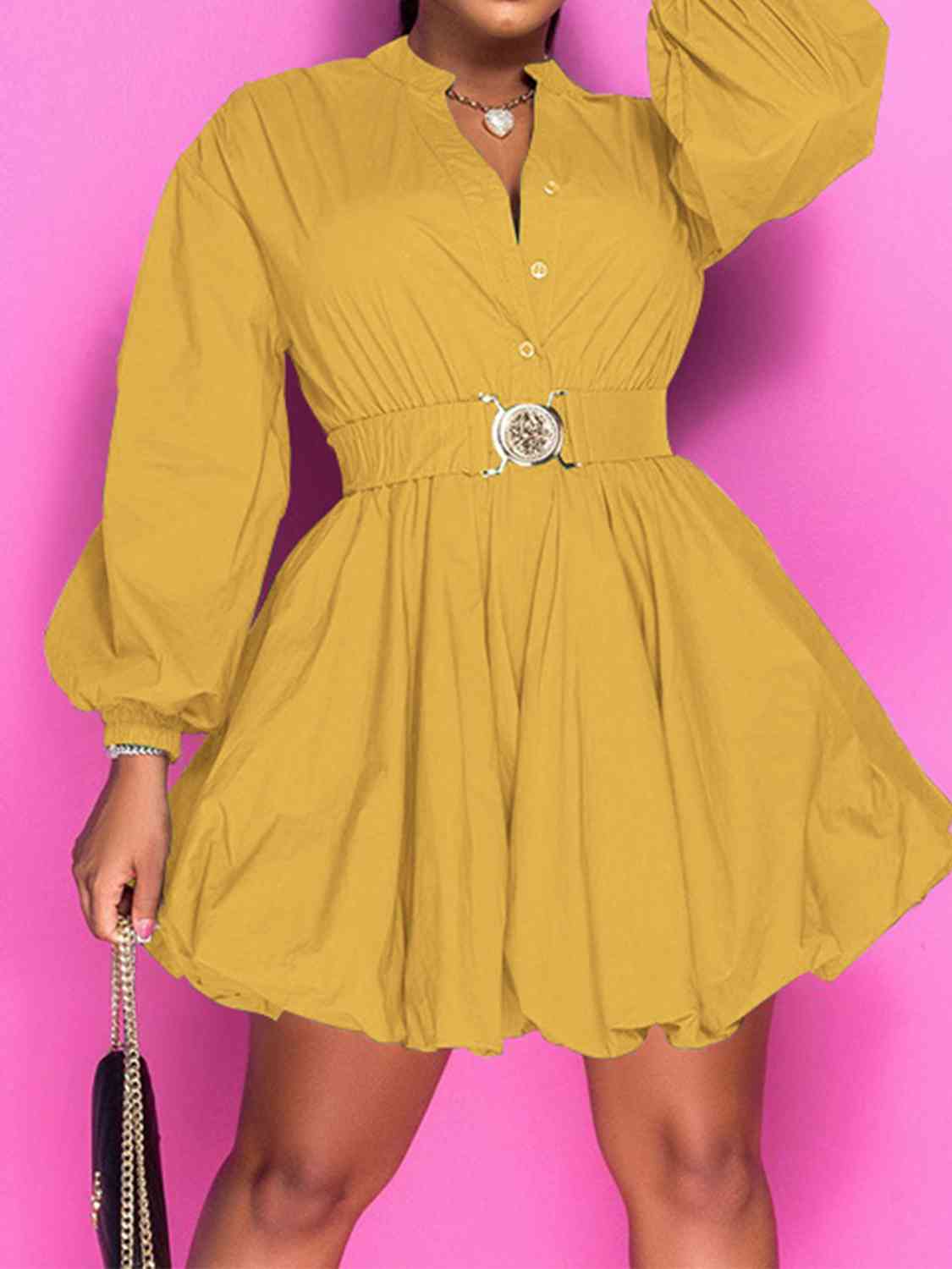 Notched Button Up Balloon Sleeves Dress - Body By J'ne