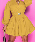 Notched Button Up Balloon Sleeves Dress - Body By J'ne