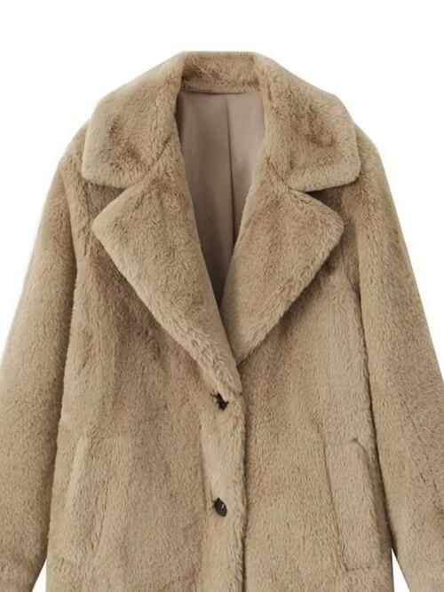 Faux Fur Button Up Lapel Neck Coat with Pocket - Body By J'ne