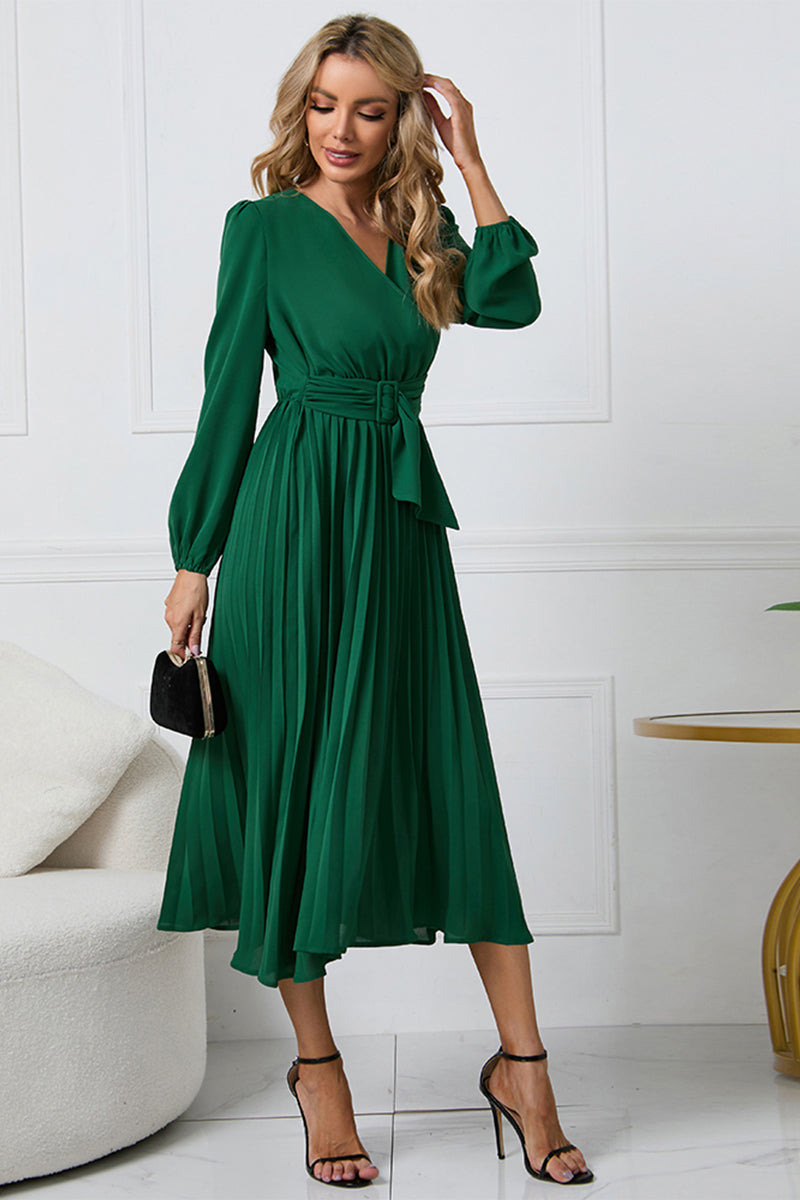 V-Neck Long Sleeve Tie Waist Midi Dress - Body By J'ne