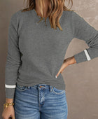 Round Neck Contrast Long Sleeve Knit Top - Body By J'ne