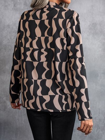 Printed Notched Long Sleeve Blouse - Body By J'ne
