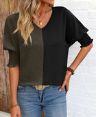 Contrast V-Neck Lantern Sleeve Blouse - Body By J'ne