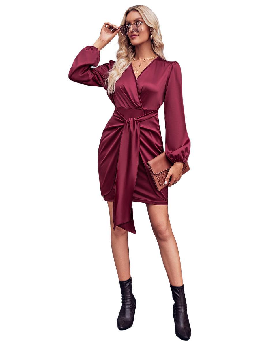 Solid Wrapped Balloon Sleeve Tie Waist Dress - Body By J'ne