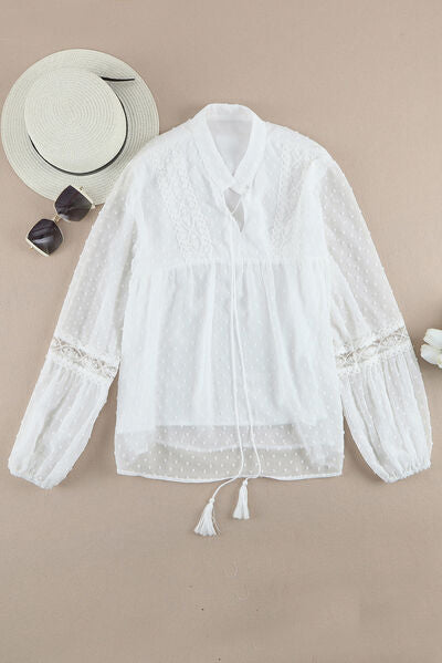 Swiss Dot Lace Detail Tie Neck Shirt - Body By J'ne