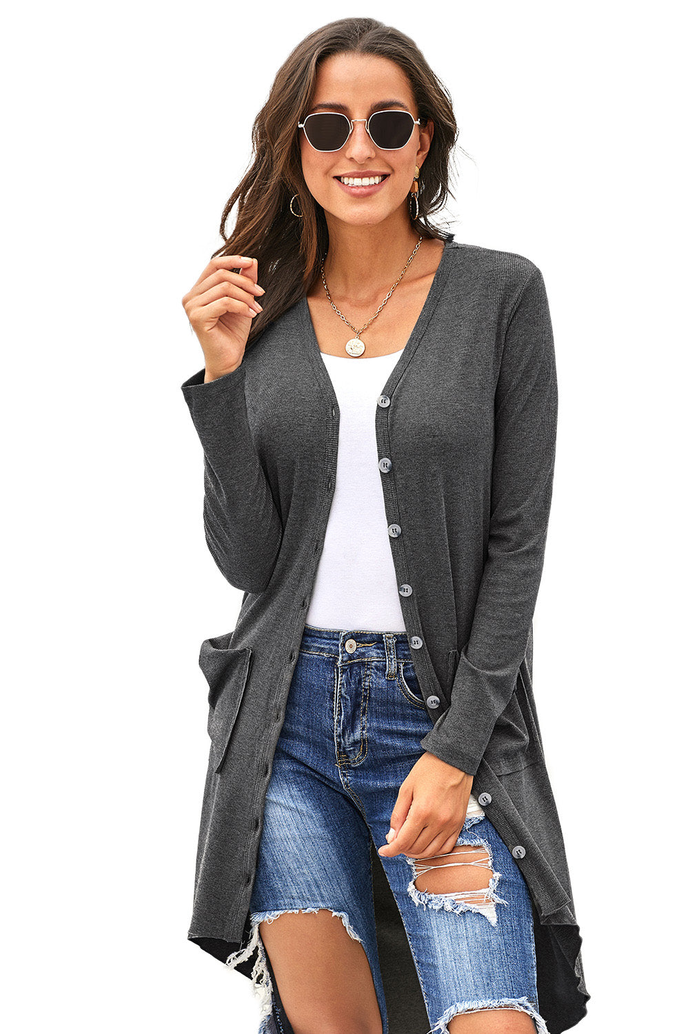 V-Neck Long Sleeve Cardigan with Pocket - Body By J'ne