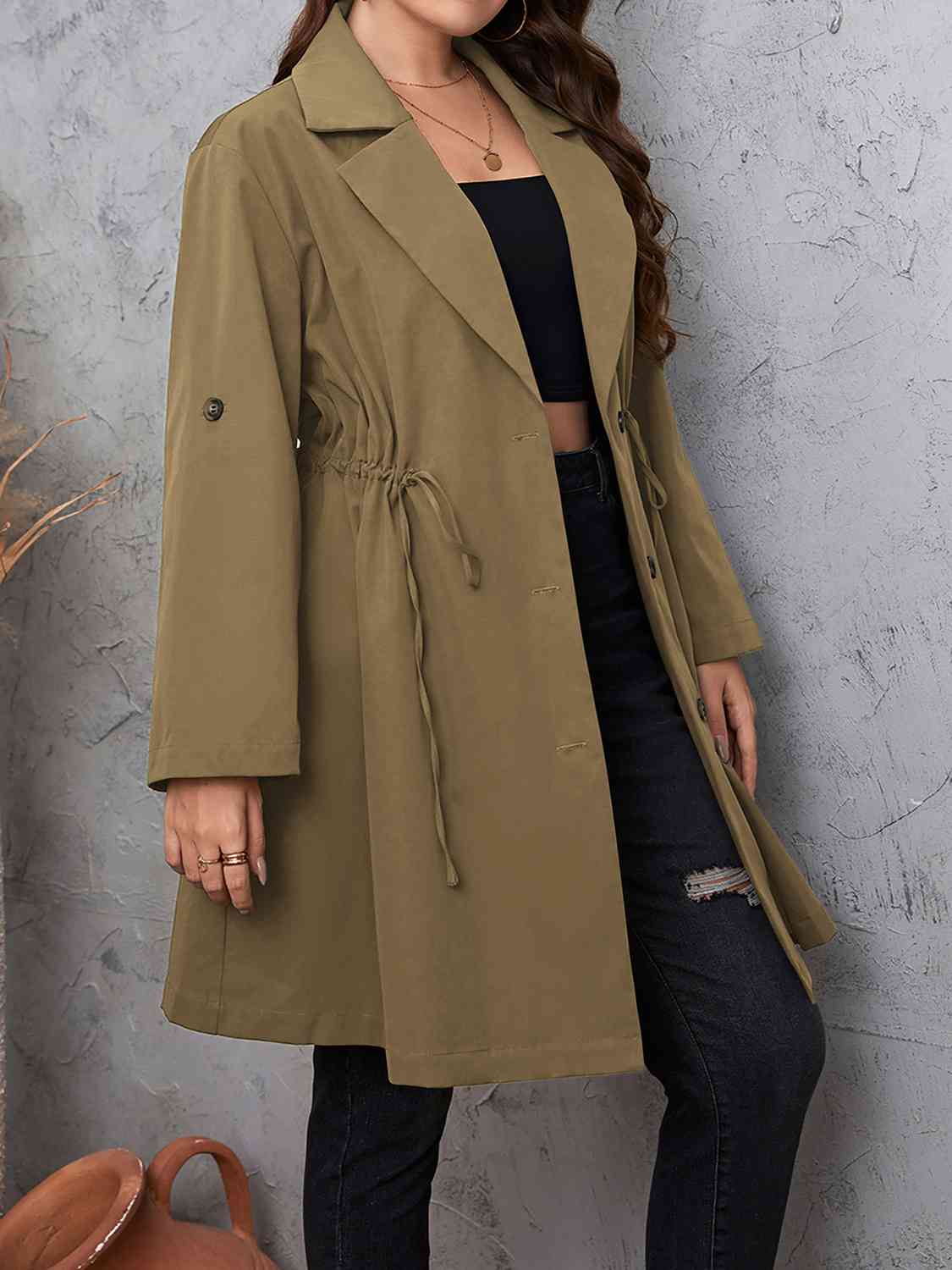 Plus Size Lapel Collar Drawstring Roll-Tab Sleeve Trench Coat - Body By J'ne