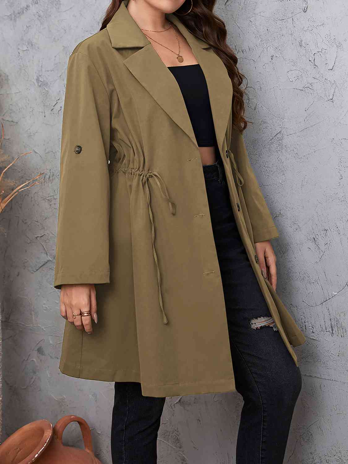 Plus Size Lapel Collar Drawstring Roll-Tab Sleeve Trench Coat - Body By J'ne