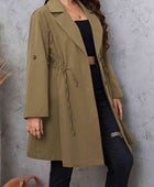 Plus Size Lapel Collar Drawstring Roll-Tab Sleeve Trench Coat - Body By J'ne