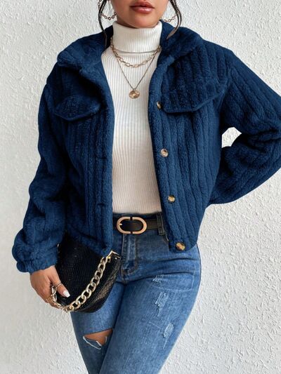 Fuzzy Button Up Collared Neck Jacket - Body By J'ne