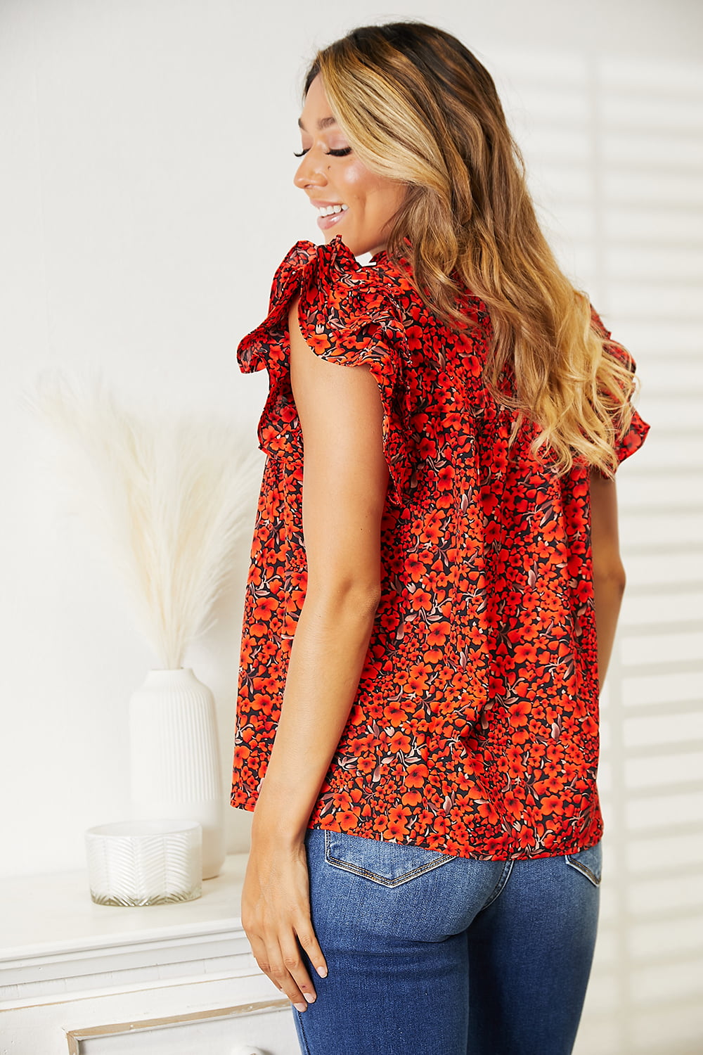 Floral Flutter Sleeve Notched Neck Blouse - Body By J'ne