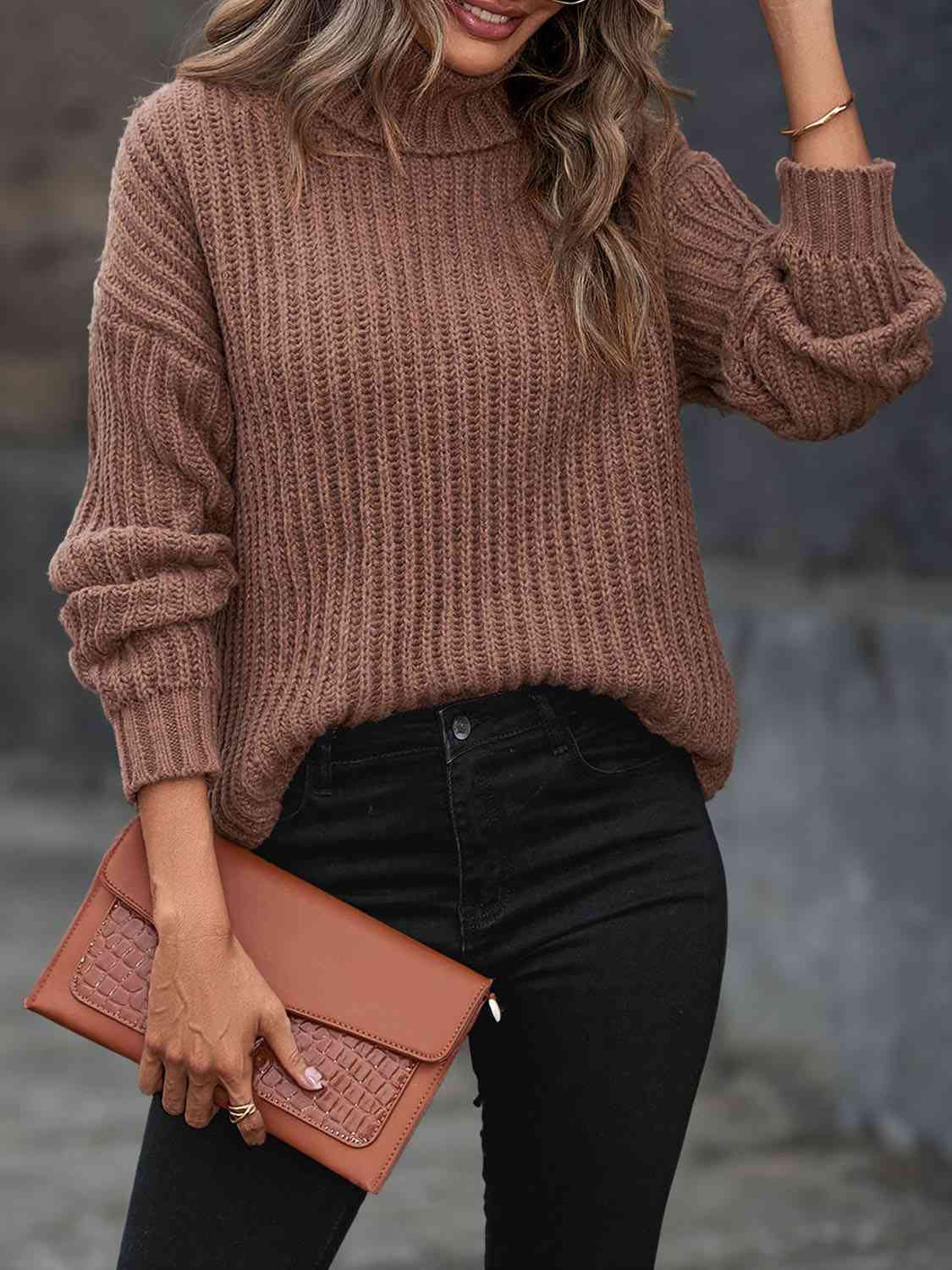 Turtleneck Dropped Shoulder  Pullover Sweater - Body By J'ne