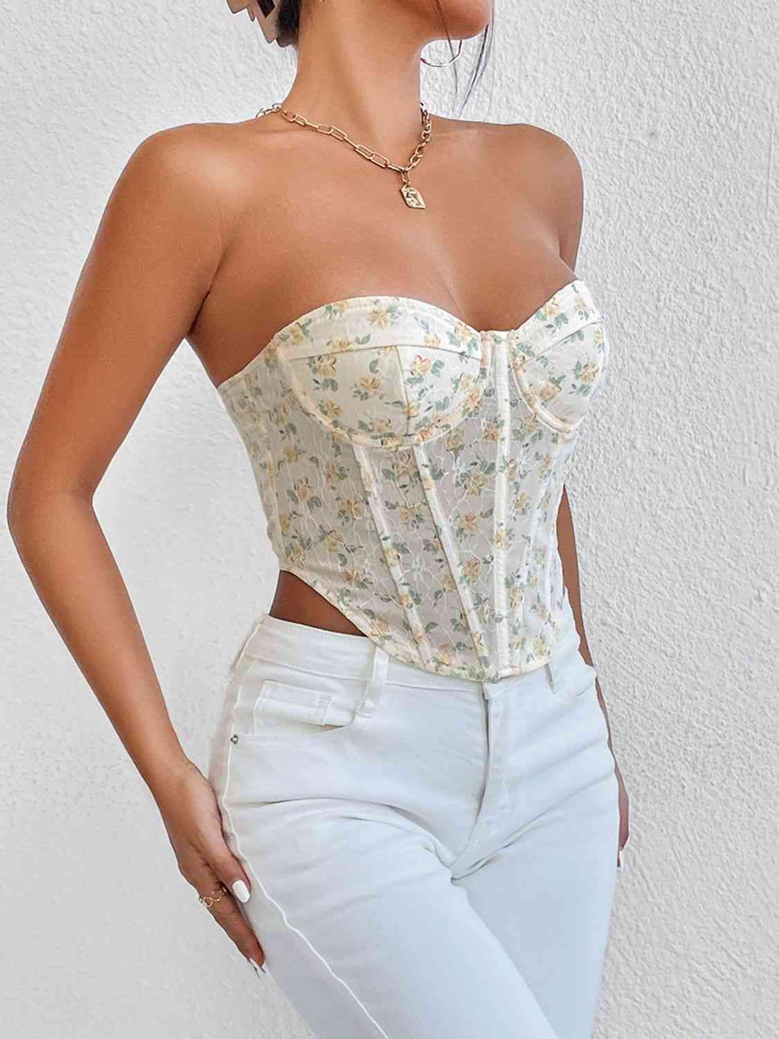 Floral Lace-Up Strapless Bustier - Body By J'ne