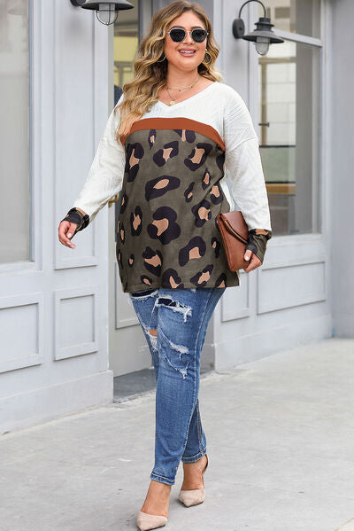 Plus Size Leopard V-Neck Dropped Shoulder T-Shirt - Body By J'ne