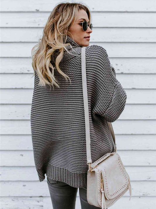 Turtleneck Dropped Shoulder Slit Sweater - Body By J'ne