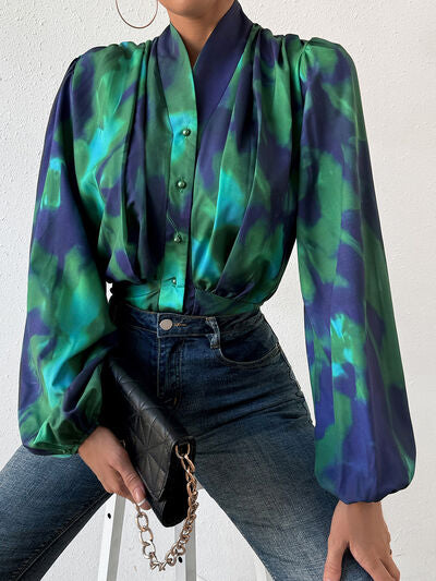 Tie-Dye Button Up Balloon Sleeve Blouse - Body By J'ne