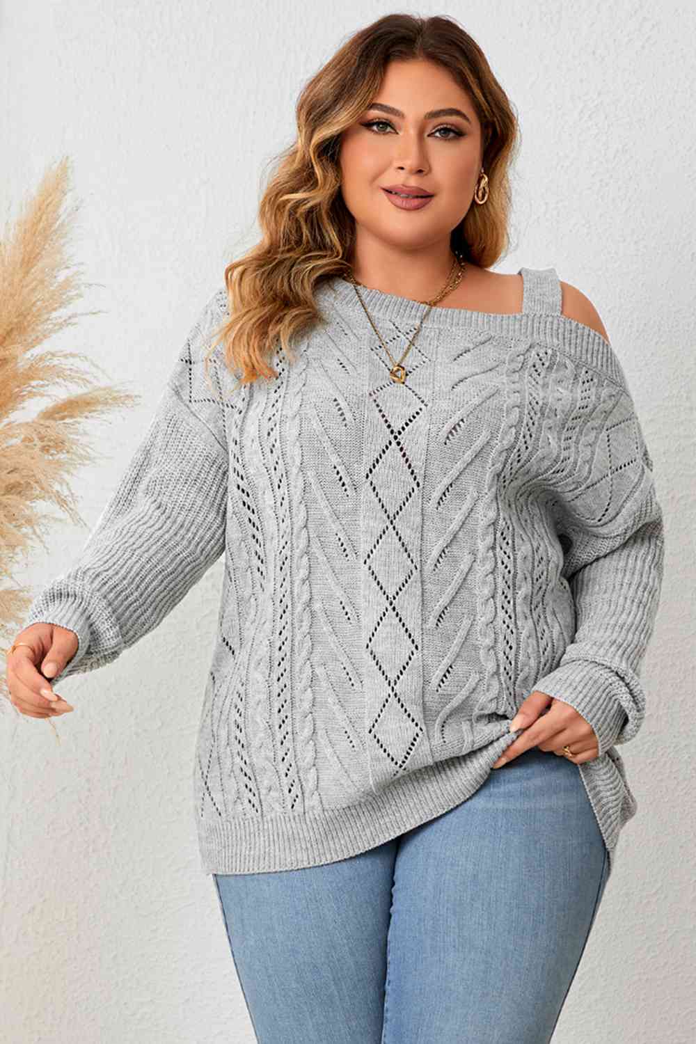 Plus Size Cold Shoulder Asymmetrical Cable-Knit Top - Body By J'ne