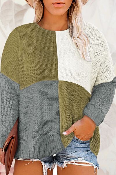 Plus Size Color Block Round Neck Sweater - Body By J'ne