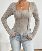 Ribbed Decorative Button Long Sleeve T-Shirt - Body By J'ne