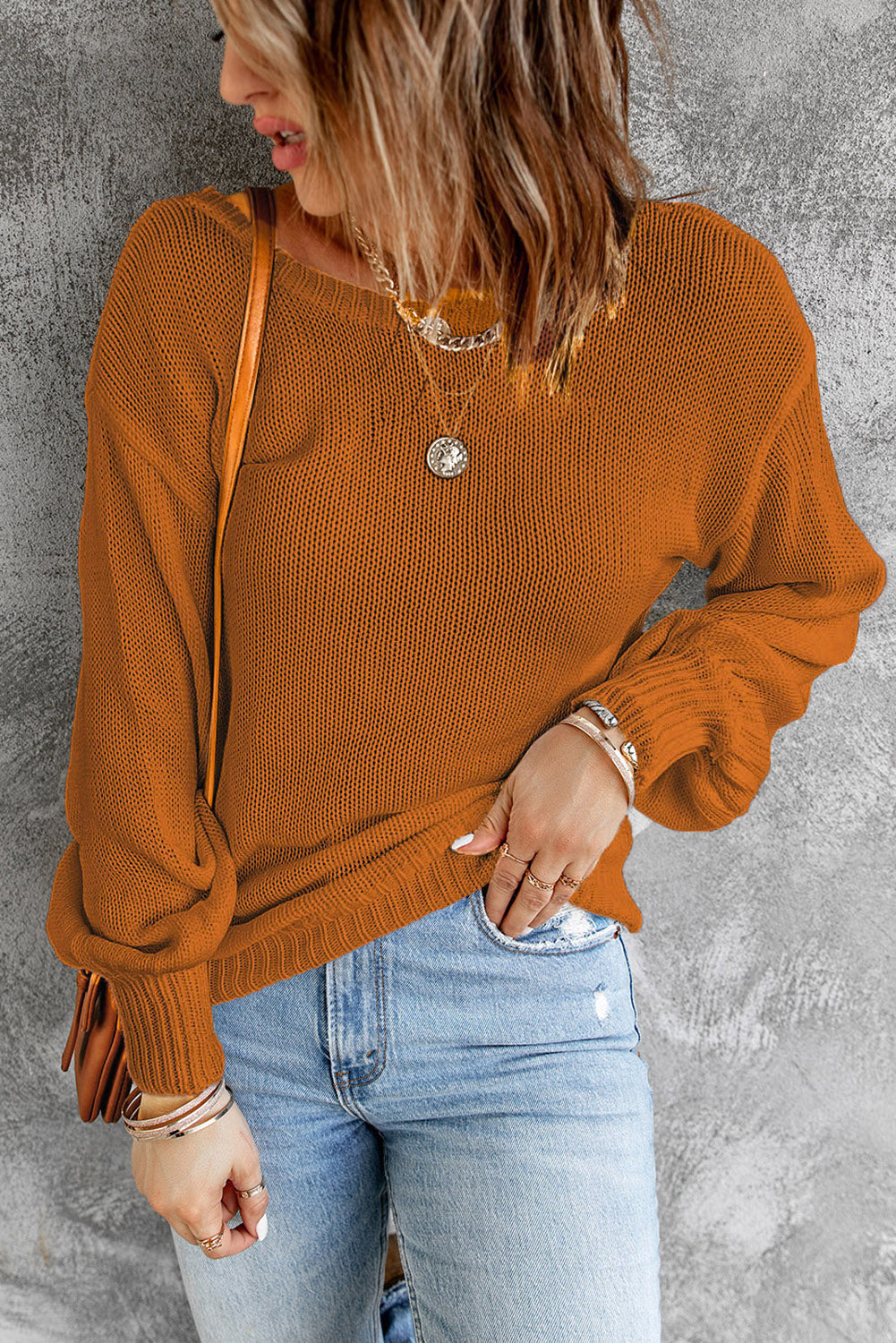 Tied Balloon Sleeve Round Neck Sweater - Body By J'ne