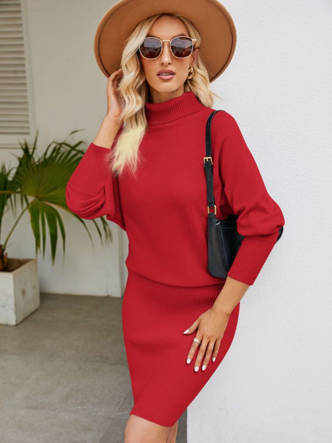 Turtle Neck Long Sleeve Ribbed Sweater Dress - Body By J'ne