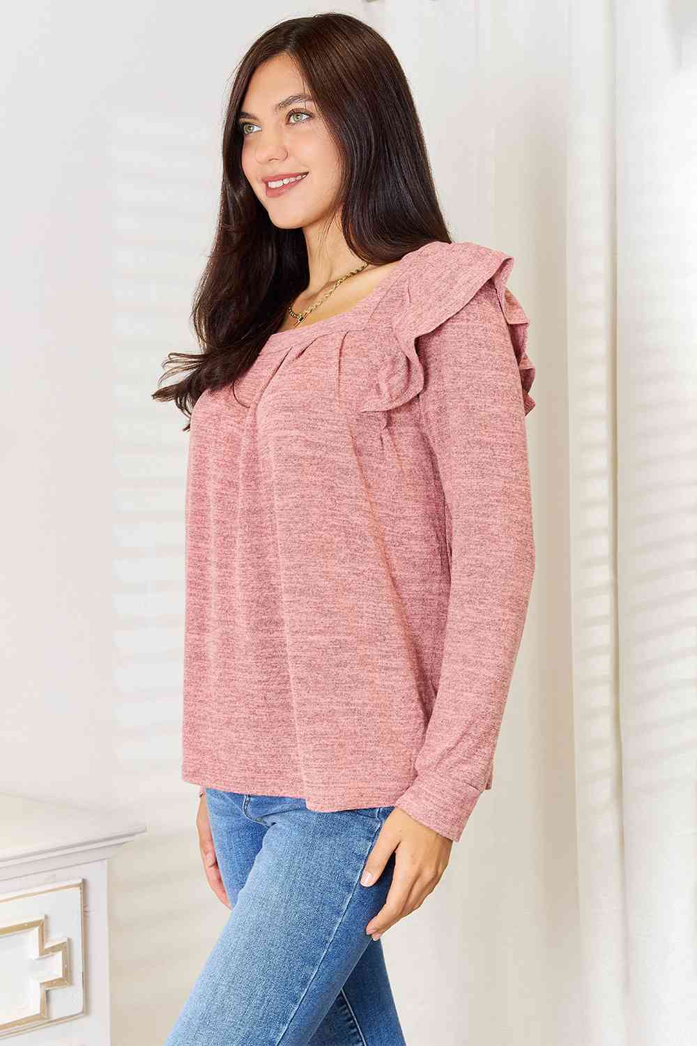 Square Neck Ruffle Shoulder Long Sleeve T-Shirt - Body By J'ne