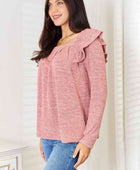 Square Neck Ruffle Shoulder Long Sleeve T-Shirt - Body By J'ne