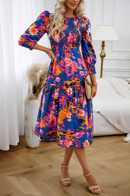 Printed Smocked Lantern Sleeve Ruffled Dress - Body By J'ne