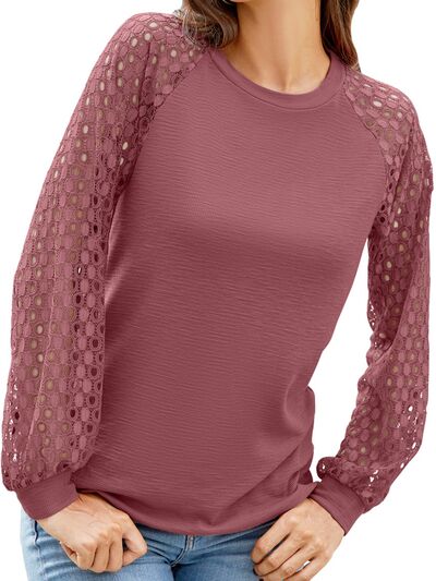 Full Size Eyelet Round Neck Long Sleeve T-Shirt - Body By J'ne