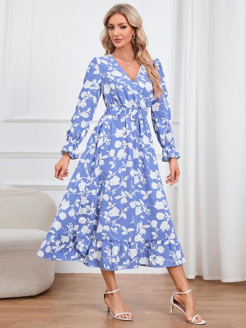 Floral Surplice Flounce Sleeve Ruffle Hem Dress - Body By J'ne