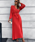 V-Neck Tie Waist Pleated Maxi Dress - Body By J'ne