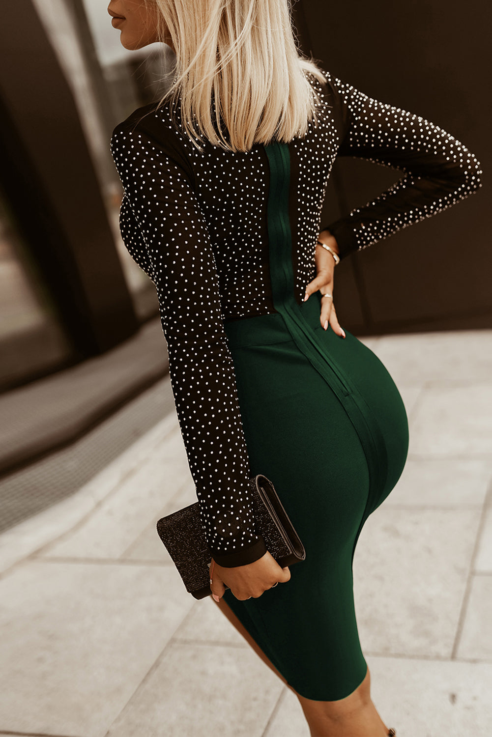 Rhinestone Mock Neck Long Sleeve Dress - Body By J'ne