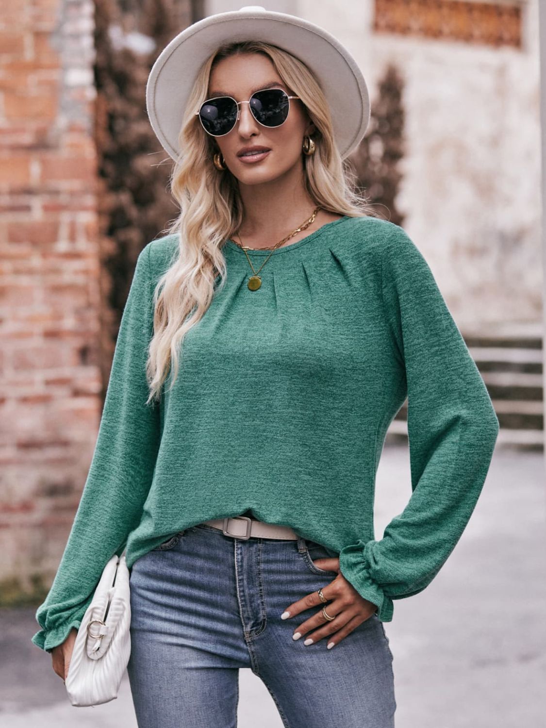 Long Flounce Sleeve Round Neck Blouse - Body By J'ne
