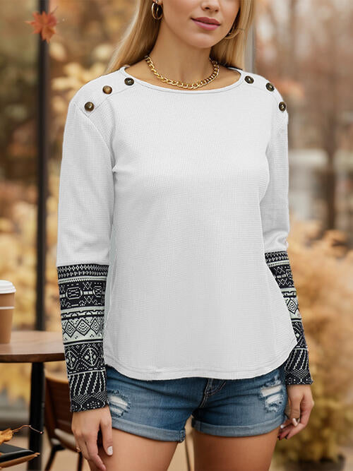 Geometric Waffle-Knit Buttoned Round Neck T-Shirt - Body By J'ne