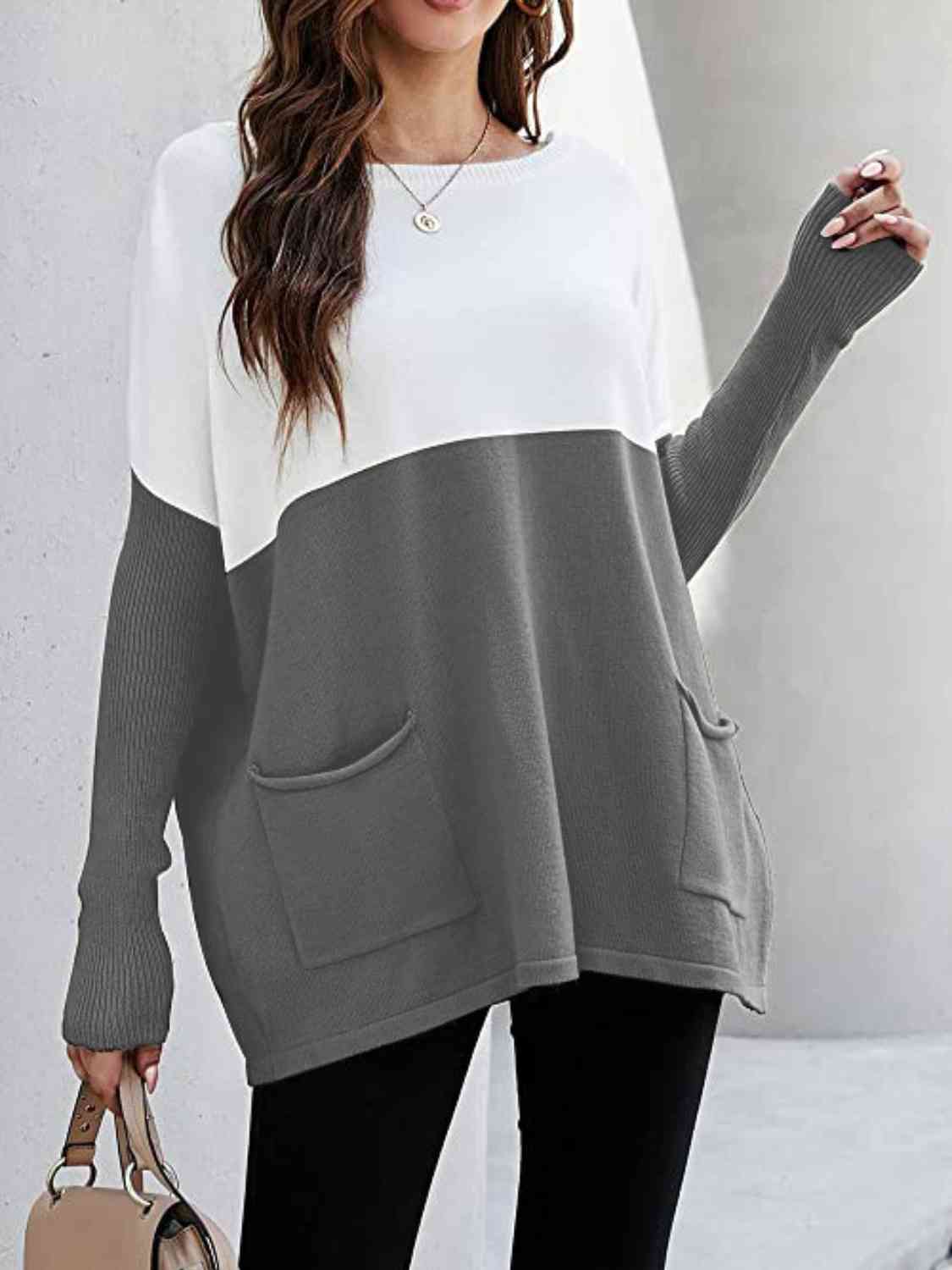 Two Tone Pullover Sweater with Pockets - Body By J'ne